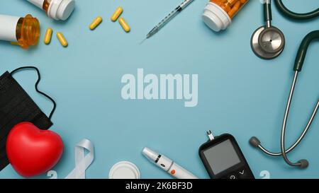 Top view glucose meter, lancet pen, insulin, stethoscope and syringe on blue background. Diabetes concept Stock Photo