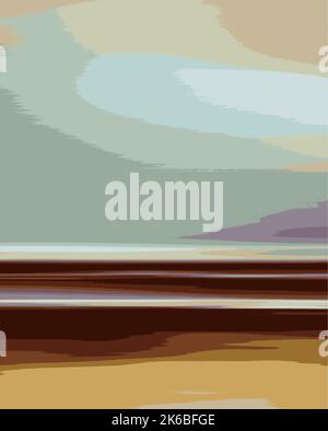 Abstract Landscape Art Illustration with Beach, Sky, Sand Clouds and Ocean Vector - Beige and Golden Colors Stock Vector
