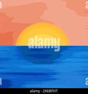 Abstract Landscape Art Illustration Horizon Sky Ocean Sun Sunset Vector - Blue and Orange Colors Stock Vector