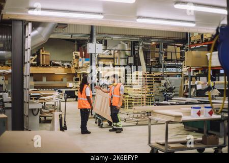 Young blue-collar worker discussing with female colleague in warehouse Stock Photo