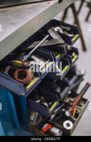 Work tools arranged in toolbox at workshop Stock Photo