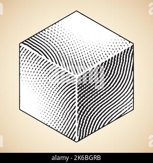 Illustration of Scratchboard Engraved Cube with White Fill isolated on a Beige Background Stock Vector
