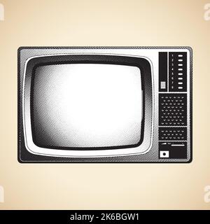 Illustration of Scratchboard Engraved CRT TV with White Fill isolated on a Beige Background Stock Vector