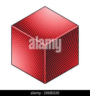 Illustration of Scratchboard Engraved Cube with Red Fill isolated on a White Background Stock Vector