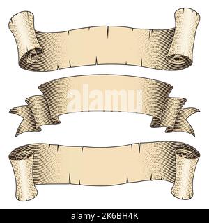Illustration of Scratchboard Engraved Curled Paper Banner with Beige Fill isolated on a White Background Stock Vector