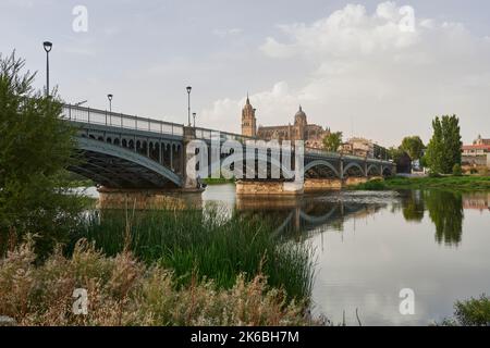 Cathedral of Salamanca at night view from the Tormes River, Salamanca City, Spain, Europe. Stock Photo