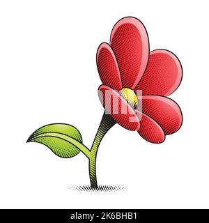 Illustration of Scratchboard Engraved Daisy Flower with Yellow and Red Fill isolated on a White Background Stock Vector