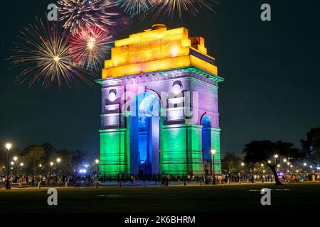 NEW DELHI - SEP 17: The India Gate or All India War Memorial with illuminated in New Delh, on September 17. 2022 in India Stock Photo