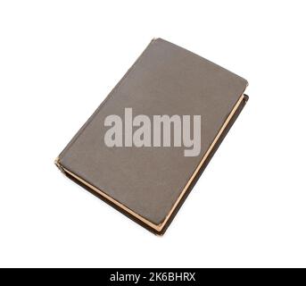 Closed brown old book with hard cardboard cover isolated on white Stock Photo