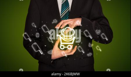 Hand holding food related icons Stock Photo