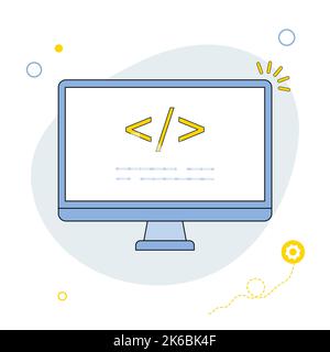 Coding and programming software on window computer screen concept, vector flat design illustration Stock Vector