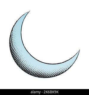 Illustration of Scratchboard Engraved Icon of Moon with Blue Fill isolated on a White Background Stock Vector