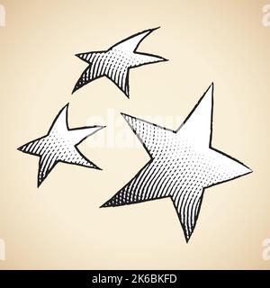 Illustration of Scratchboard Engraved Icon of Stars with White Fill isolated on a Beige Background Stock Vector