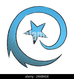 Illustration of Scratchboard Engraved Icon of Round Shooting Star with Blue Fill isolated on a White Background Stock Vector