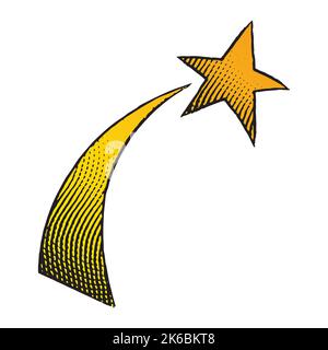 Illustration of Scratchboard Engraved Icon of a Shooting Star with Yellow Fill isolated on a White Background Stock Vector