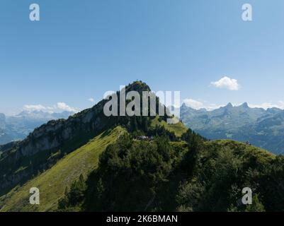 Stoos Fronalpstock hike landscape lookout point above Brunnen in Central Switzerland. Near Lucerne beautifull Swiss mountain overview. Aerial drone Stock Photo