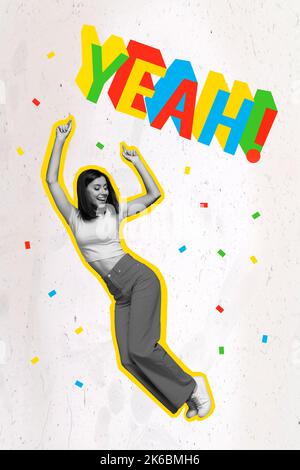 3d retro abstract creative artwork template collage of positive funny attractive woman dancing enjoy party yeah text celebrate victory Stock Photo