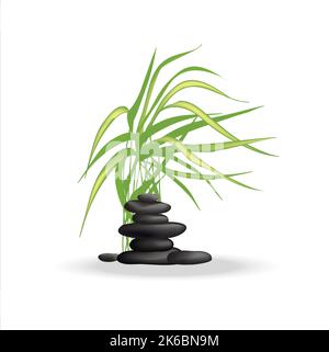 Zen rock tower, wild reed with long leaves waving in the wind. Symbolic minimalistic flat oriental style vector illustration of stones and frail Stock Vector
