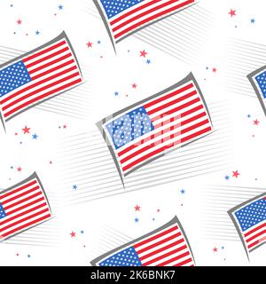 Vector American Flags seamless pattern, square repeating background with illustrations of waving american flags, flat lay stars on white background, r Stock Vector