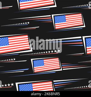 Vector American Flags seamless pattern, square repeating background with illustrations of american flags in motion, stars in a row on dark background, Stock Vector