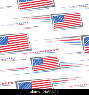 Vector American Flags seamless pattern, square repeating background with illustrations of american flags in motion, stars in row on white background, Stock Vector