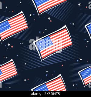 Vector American Flags seamless pattern, square repeating background with illustrations of waving american flags, flat lay stars on dark background, re Stock Vector