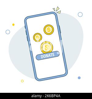 Gold coin and donate button on smartphone screen. Modern charity, donation concepts. Flat design vector illustration Stock Vector