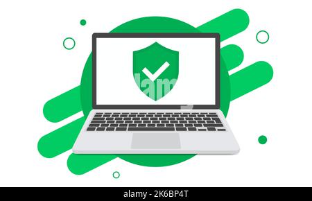 Laptop with check mark window in a flat design. Mockup of shield with check mark symbol for laptop in a flat design Stock Vector