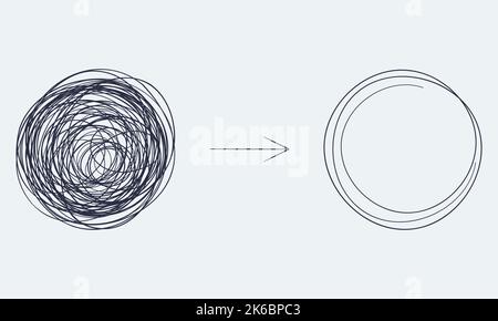 Chaotically tangled line and untied knot in form of circle. Psychotherapy concept of solving problems is easy. Unravels chaos and mess difficult Stock Vector