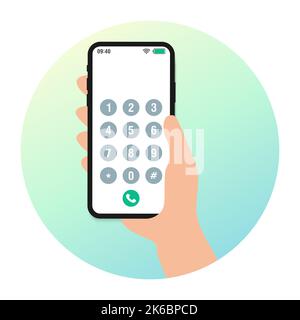 Hands with smartphone dialing. Mobile touch screen phone with numbers pad, cellphone dial connection cartoon vector illustration Stock Vector