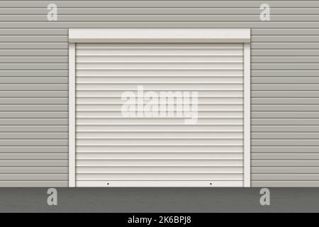 White closed roller garage shutter door with realistic texture on the light facade Stock Vector