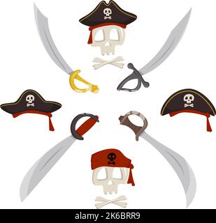 Skeleton skull and crossbones in pirate cocked hat, crossed sabers, knight and warrior. Item for Halloween, holiday and children design. Vector flat illustration Stock Vector