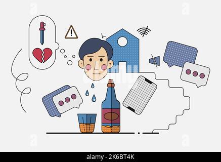 Man cries and drinks over broken heart. There is not connection, and he is drunk and depressed. Colored version. Stock Vector