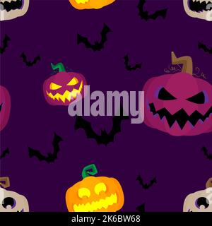 Seamless Halloween pattern with Pumpkin and Bat. Vector background, wrapping paper, invitations, greeting cards. Template for advertising, web, social Stock Vector