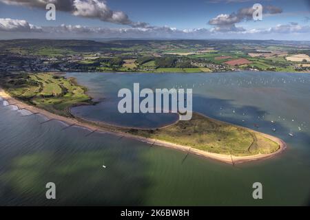 Aerial photograph of Dawlish Warren Spit, located at the mouth of the River Exe with the Devon coastline and Dartmoor in the background. Stock Photo