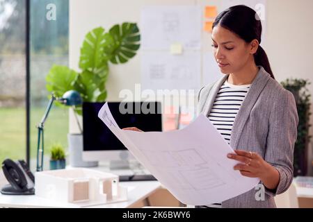 Female Architect Standing In Office Looking At Building Plans Stock Photo