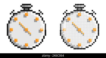 Pixel icon. Mechanical stopwatch dial with hands. Countdown, speed measurement. Simple retro game vector isolated on white background Stock Vector