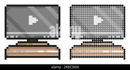 Pixel icon. Flat screen TV on home theater table. Watching movie at home on larger screen. Simple retro game vector isolated on white background Stock Vector