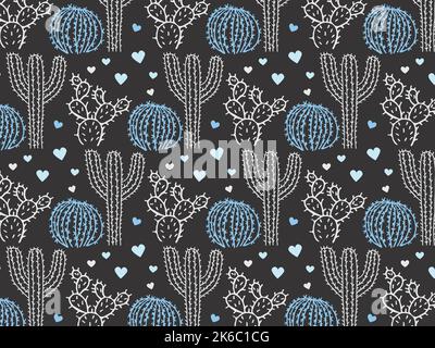 Cactus and hearts pattern in white Stock Vector