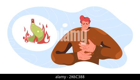 Flat unhappy man with stomachache. Sick character suffering from heartburn in stomach, abdomen pain or digestive disorders. Heartburn, gastrointestinal diseases, acid reflux or gastritis concept. Stock Vector