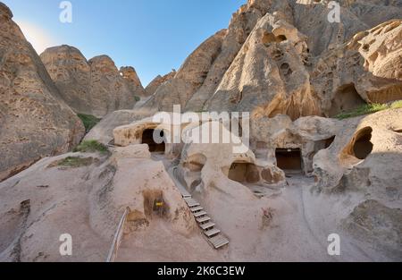 Selime rock monastery in Ihlara valley or Peristrema Valley, Ihlara, Aksaray Province, Guzelyurt, Cappadocia, Anatolia, Turkey Stock Photo