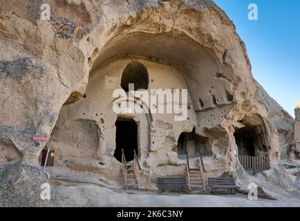 Selime rock monastery in Ihlara valley or Peristrema Valley, Ihlara, Aksaray Province, Guzelyurt, Cappadocia, Anatolia, Turkey Stock Photo