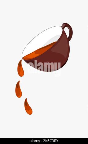 A cup with a drop of tea or coffee in the speaker. Tea and cups are being poured. realistic vector isolated on a white background. Stock Vector