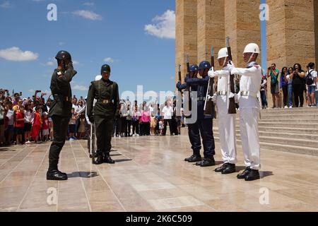 ANKARA, TURKIYE - JULY 14, 2022: Soldiers march for changing of the guard ceremony in Anitkabir where is the mausoleum of Ataturk, the founder and fir Stock Photo