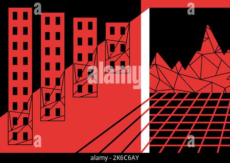 Window into virtual reality. VR and real life connected. Black red white vector illustration. Metaverse penetrate into city. Triangular grid. Stock Vector