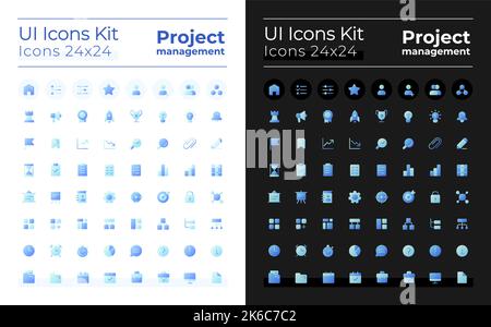 Project management pixel perfect flat color ui icons kit for dark, light mode Stock Vector