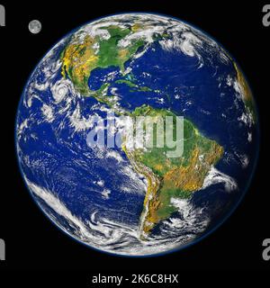 Planet earth America map with the moon on black background. Elements of this image furnished by NASA Stock Photo