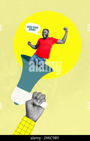 Creative photo 3d collage poster postcard artwork of funny funky man megaphone spread share only true news isolated on drawing background Stock Photo