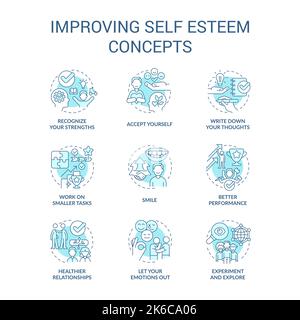 Improving self esteem turquoise concept icons set Stock Vector