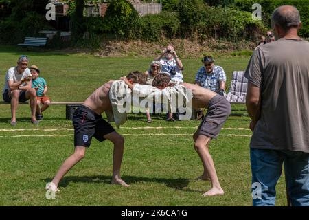 Two young teenagers brothers competing in the Grand Cornish Wrestling Tournament on the picturesque village green of St Mawgan in Pydar in Cornwall in Stock Photo